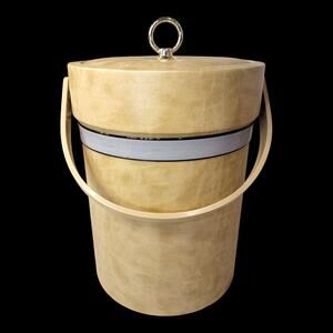 Vintage Tan Ice Bucket w/ Lid Swing Handle Fixed Liner Faux Leather Barware